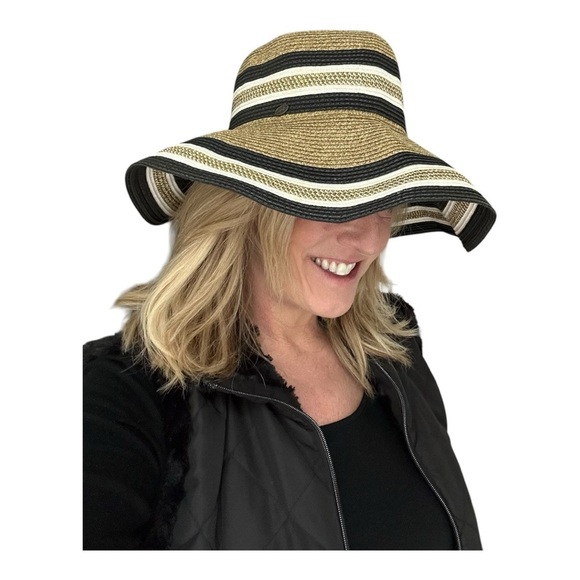 Women’s Straw Sun Floppy Packable Wide Beach Hat Gold Mix Tan and Black Sun Hat - Picture 5 of 12